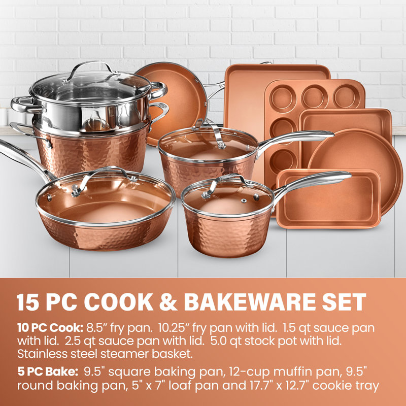 Gotham Steel Hammered Copper 15 Piece Nonstick Cookware and Bakeware Set Stay Cool Handles Oven Dishwasher Safe